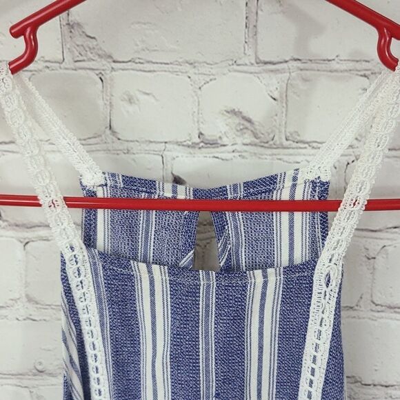 Hollister Juniors Small Soft Blue Stripe Sleeveless Crochet Top Ruffle Racerback - Picture 4 of 10